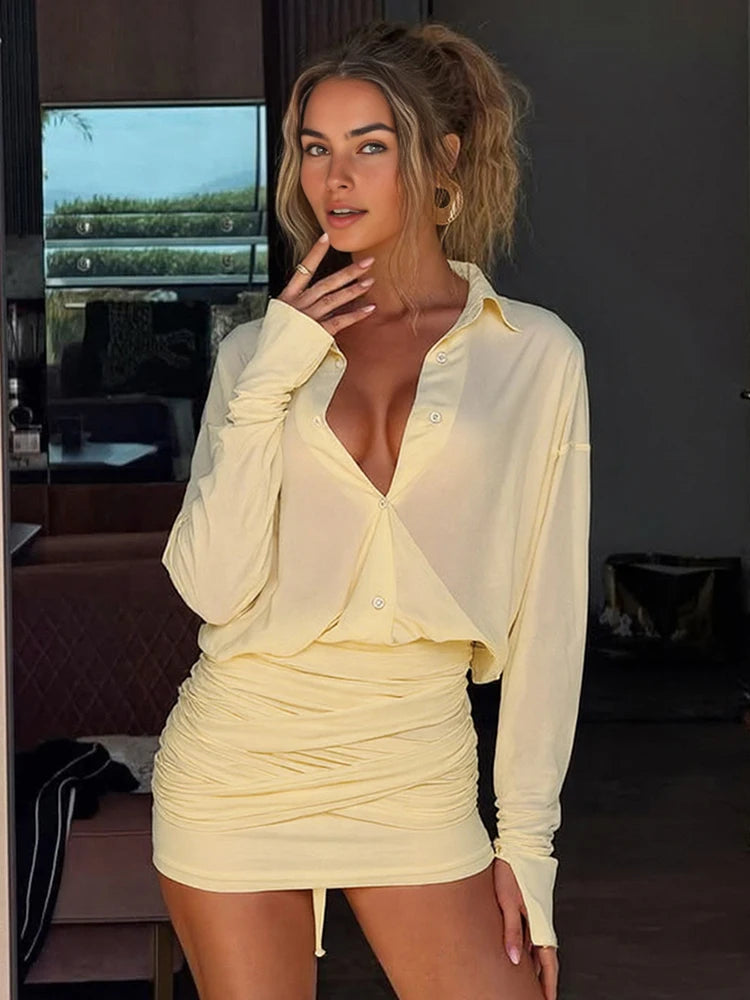 Cutenew Solid Classic Women Blouse Dress Sexy Thin See Through Full Sleeve Lapel Single Breasted Pleated Mini Vestido Streetwear
