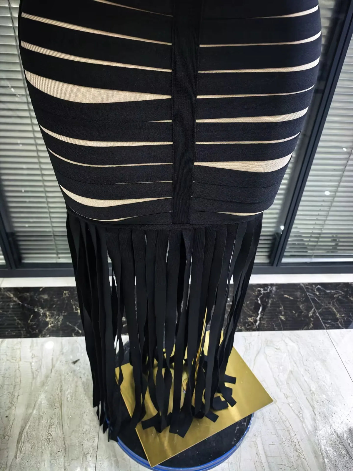 Black Color Women Sleeveless Sexy Square Collar Bodycon Fringes Bandage Long Dress Elegant Evening Party Celebrate Outfit