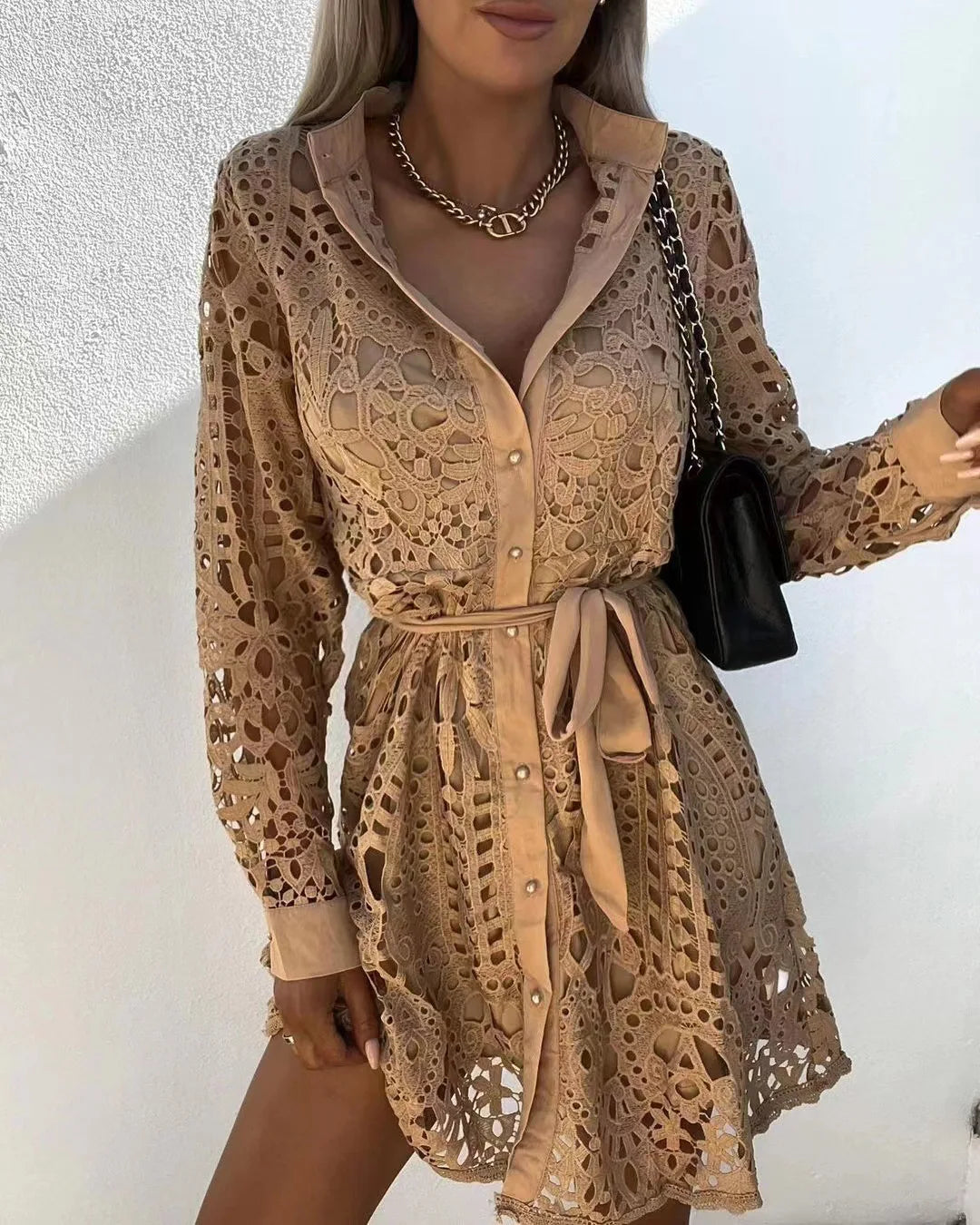 Chic Lace Cutout Long Sleeve Shirt Dress for Women