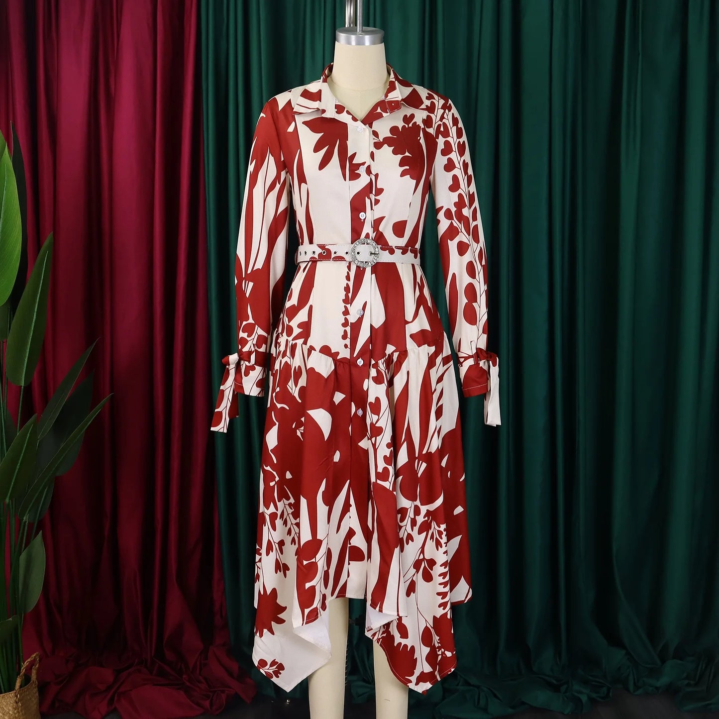 Elegant Printed Dresses Woman 2024 Turn Down Collar Single Breasted Full Sleeve Asymmetric Ankle Length Fashion Birthday Dress