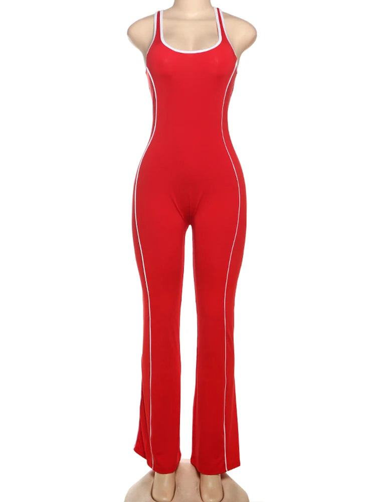 Cutenew Panelled Stripe Women Jumpsuits Casual Summer Sporty O-neck Sleeveless Backless Skinny Overalls Female Active One Piece