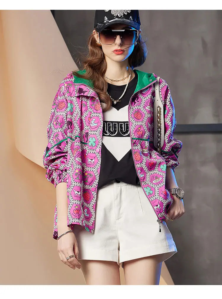 Women's Hooded Zipper Jacket, Casual Outerwear, Loose Tops, Print Doodle Coats, Female Clothing, Autumn, Winter, New