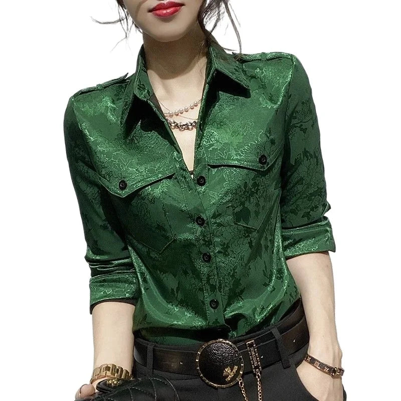 Female Tops Spring and Autumn Full Long Sleeve Women's Shirt Blouse Office Outfits Wear To Work Button Up Formal Loose Green Xl