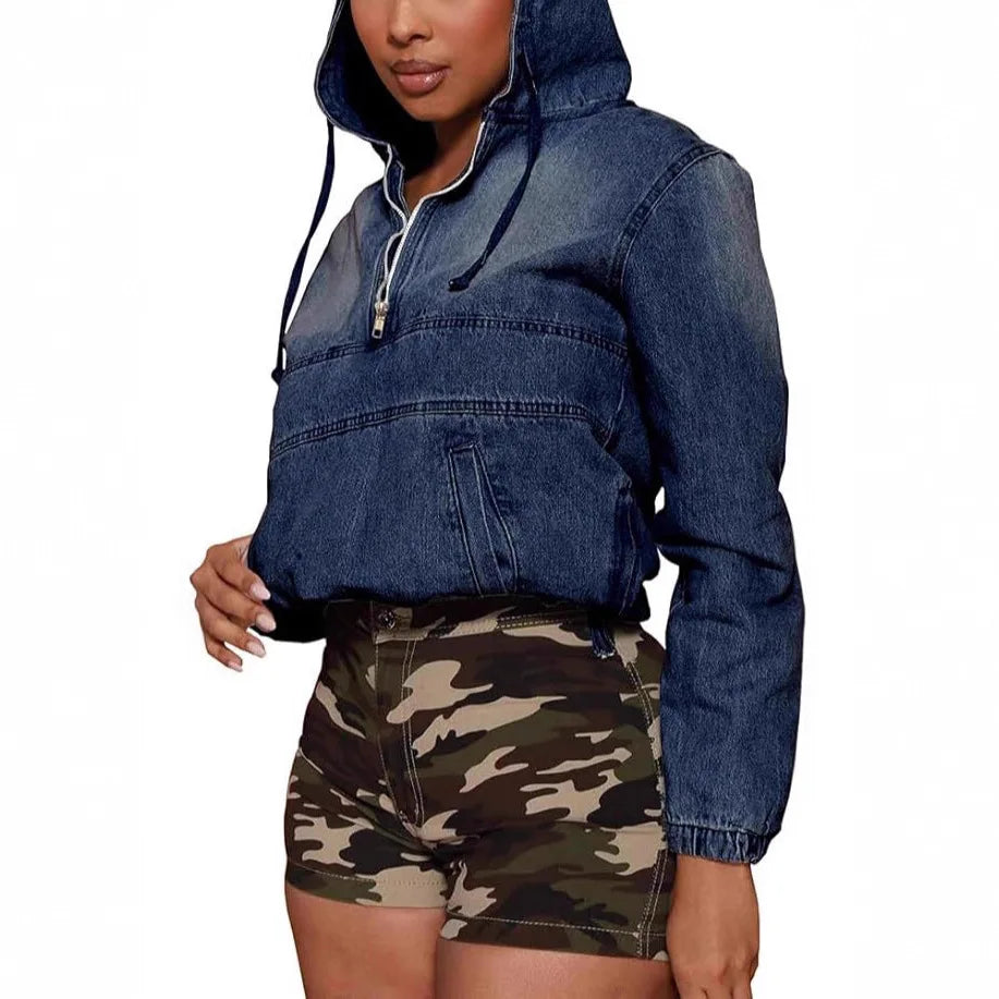 Hooded Denim Pullover Casual Short Jacket for Women
