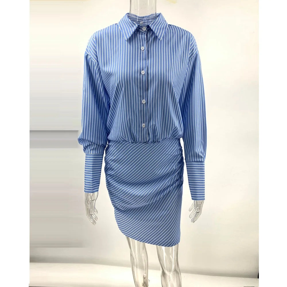 Elegant Women Casual Striped Long Sleeve Casual Button Front Turn-down Collar Dress Slim Waist Bodycon Midi Dress Work wear
