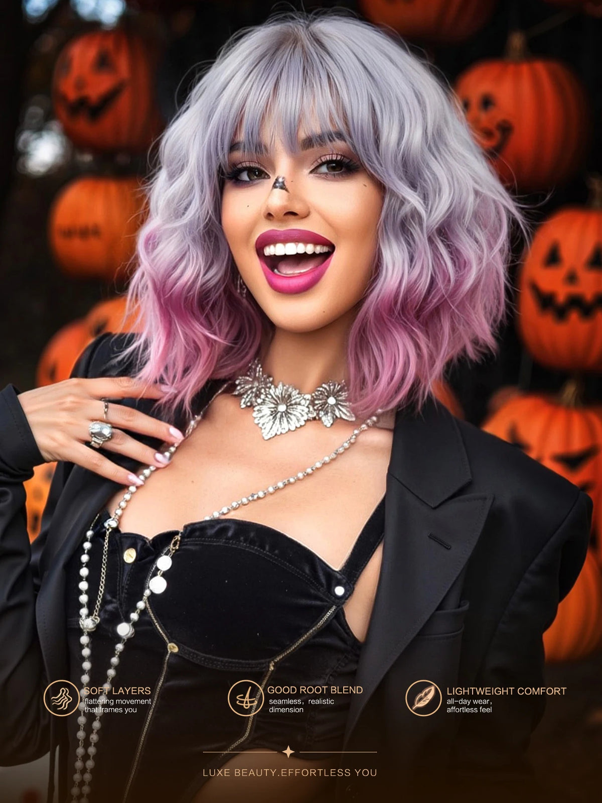 Pink Purple Ombre Curly Synthetic Wig With Bangs for Women