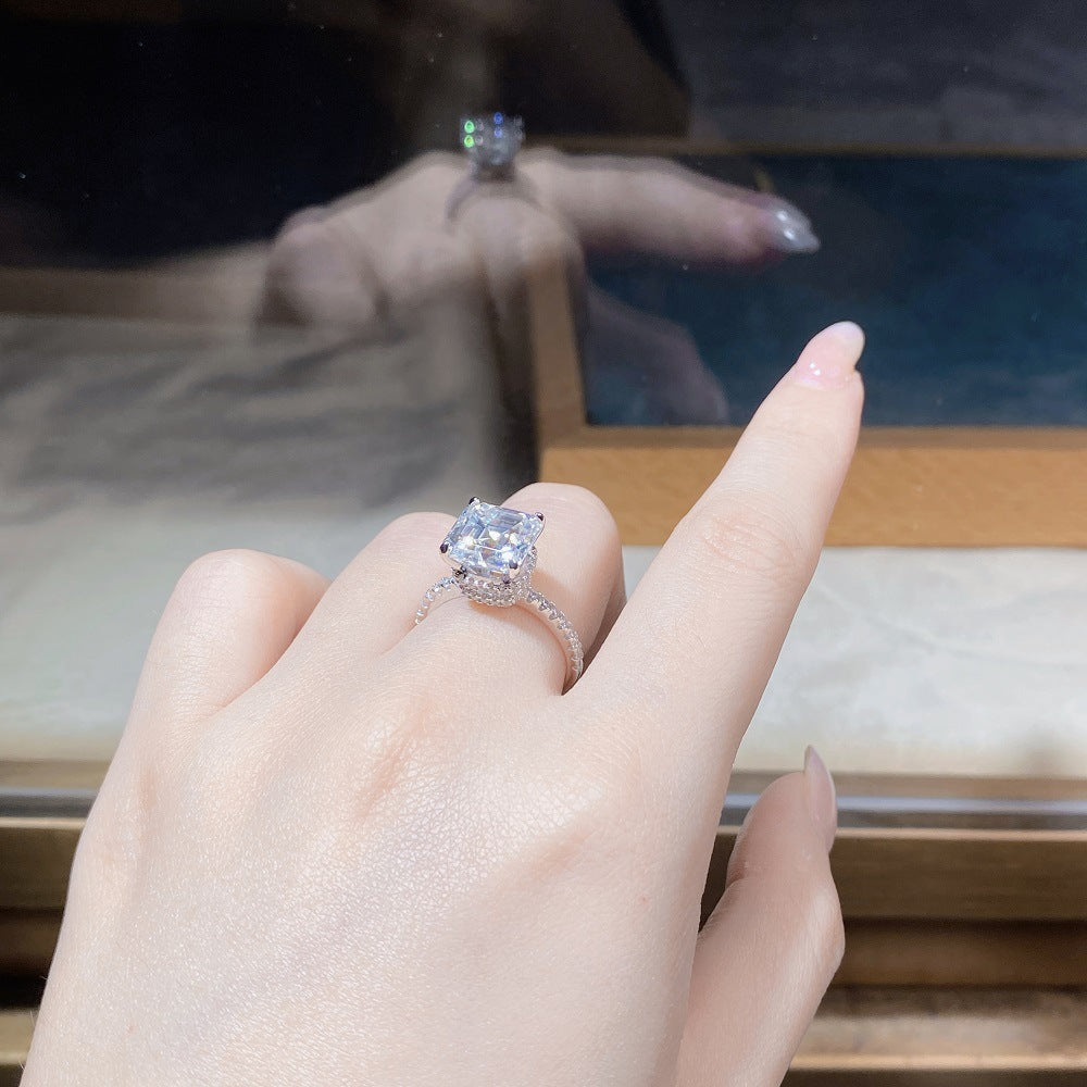 PANSYSEN Luxury 925 Sterling Silver 9*9MM Asscher Cut Real Moissanite Wedding Engagement Ring 18K White Gold Plated Fine Jewelry