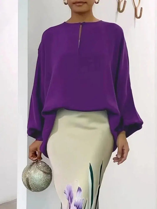 Fashion Purple O-Neck Blouse Tops For Women 2025 New Spring Summer Puff Sleeves Loose Casual Going Out Shirts