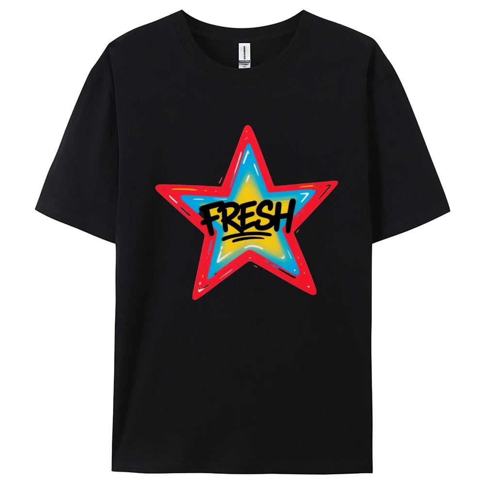 Graffiti Style FRESH Colorful Star Graphic Tee Casual White T-Shirt with Vibrant Gradient Star Design for Trendy Urban Fashion