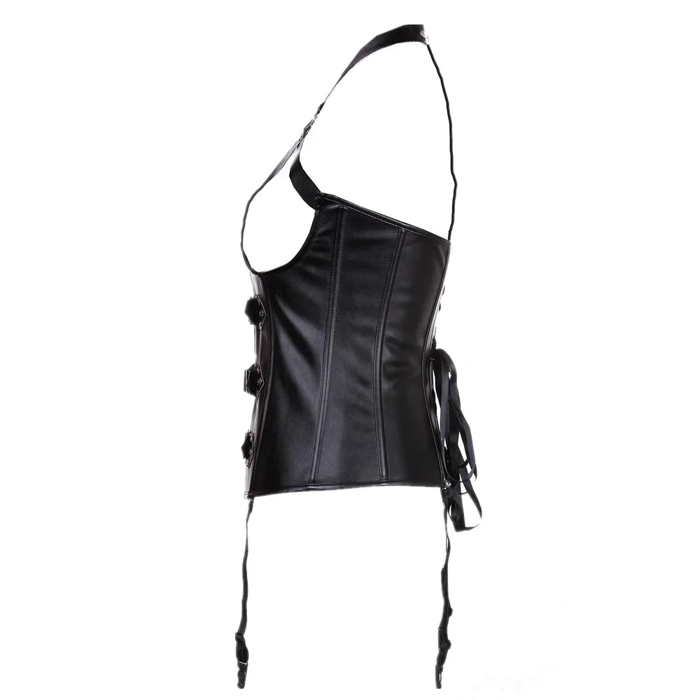Gothic Halter Underbust Steampunk Black Faux Leather Corset for Women