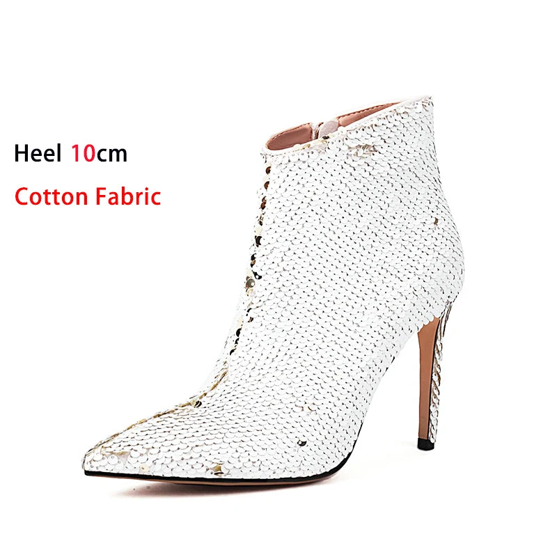 Sequined Pointed Toe Ankle Boots with Stiletto Heels for Women