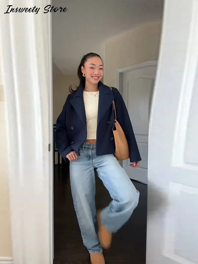 Double Breasted Cropped Jacket With Turn Down Collar for Women