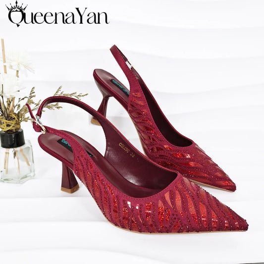 Queena Yan Italian Design Party Shoes African Fashion Ladies Small Clutches With Stiletto Shoes OL Heels
