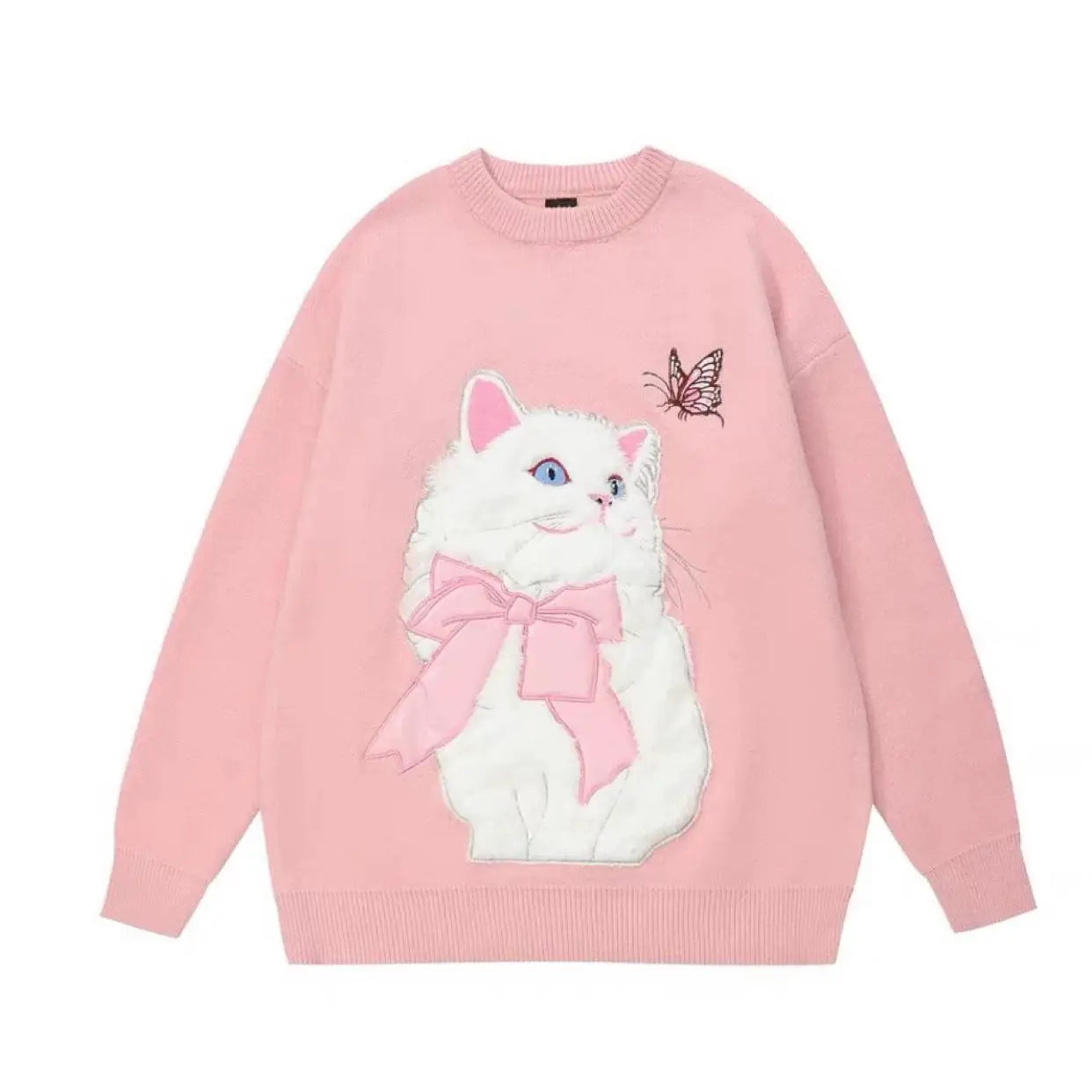Pink simple round neck sweater women wear new dopamine in autumn and winter flocking cute cat design soft milk sweater top.
