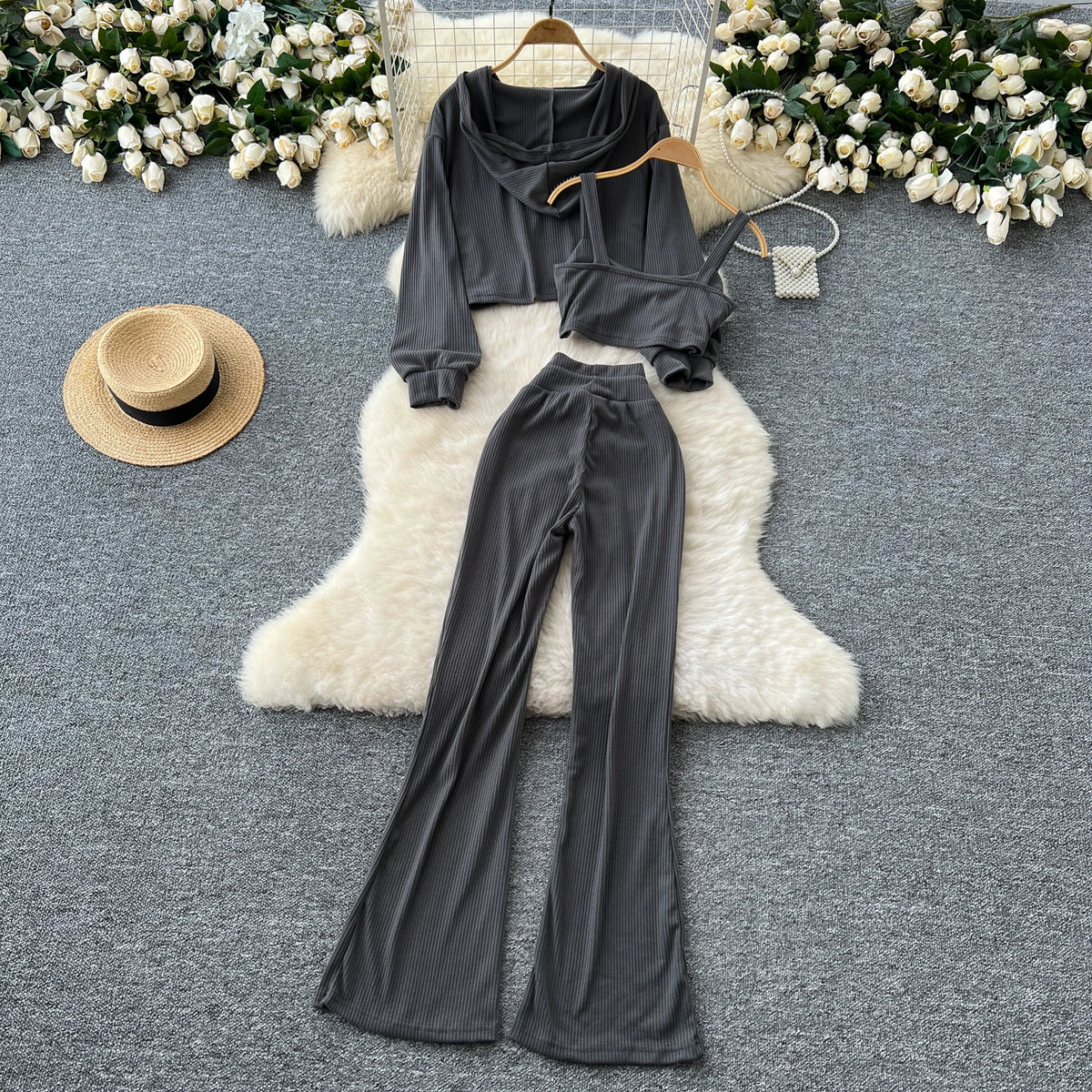 Sporty Three Piece Hoodie, Camisole and Pants Set for Women
