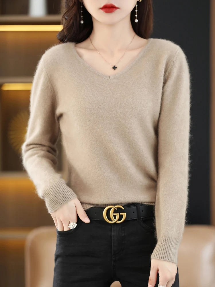 Soft Warm Loose Fit V Neck Cashmere Sweater for Women