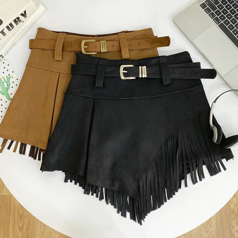 Tassel Detail Faux Suede Shorts