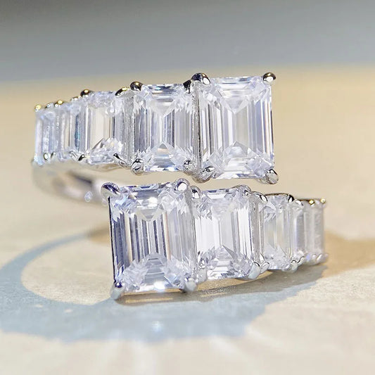 PANSYSEN 925 Sterling Silver Emerald Cut High Carbon Diamond Gemstone Wedding Engagement Adjustable Ring Fine Jewelry Wholesale