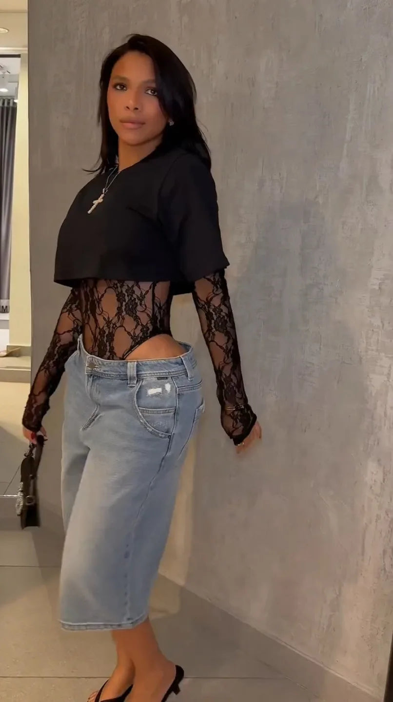 Weird Puss Sexy Women Crop Top+Lace Jacquard Full Sleeve Bodysuit Hottie Street Clubwear Slim Wild Matching Basic Skinny Tees