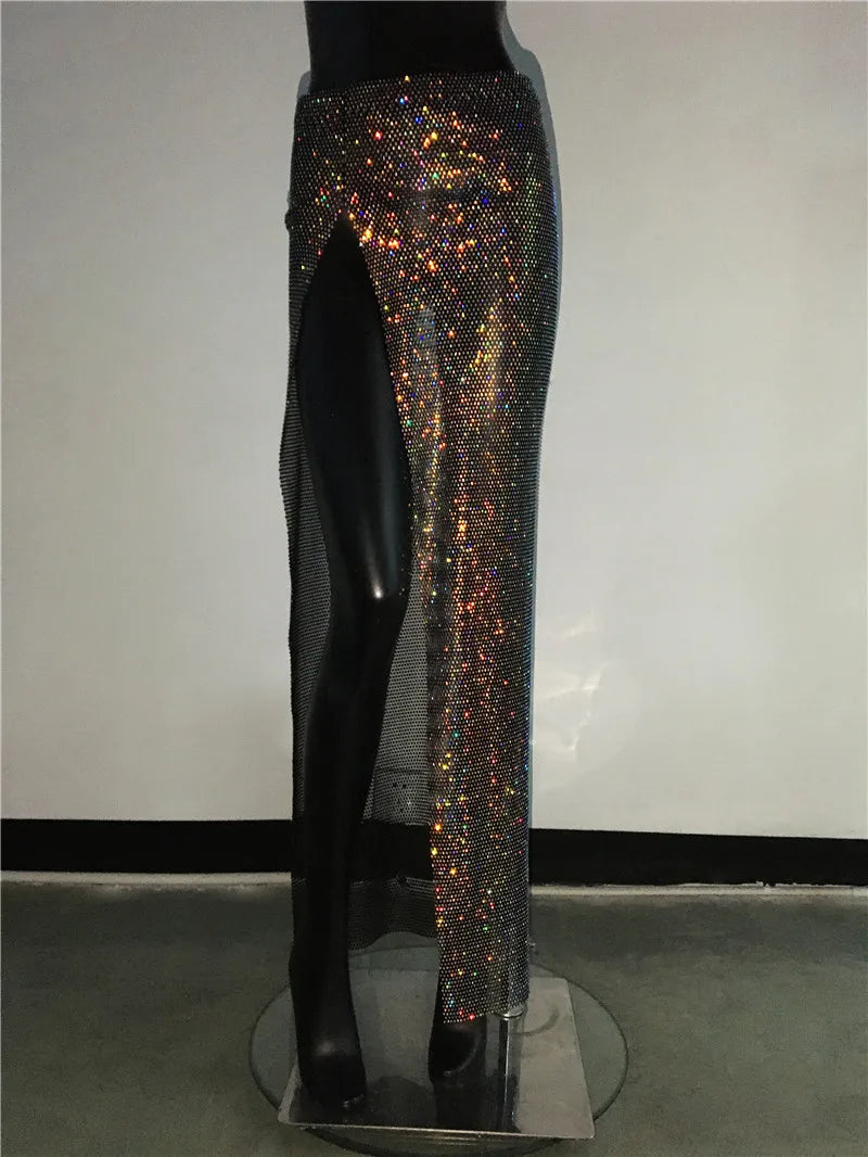 Glitter Rhinestone Long Fishnet Split Skirt for Women
