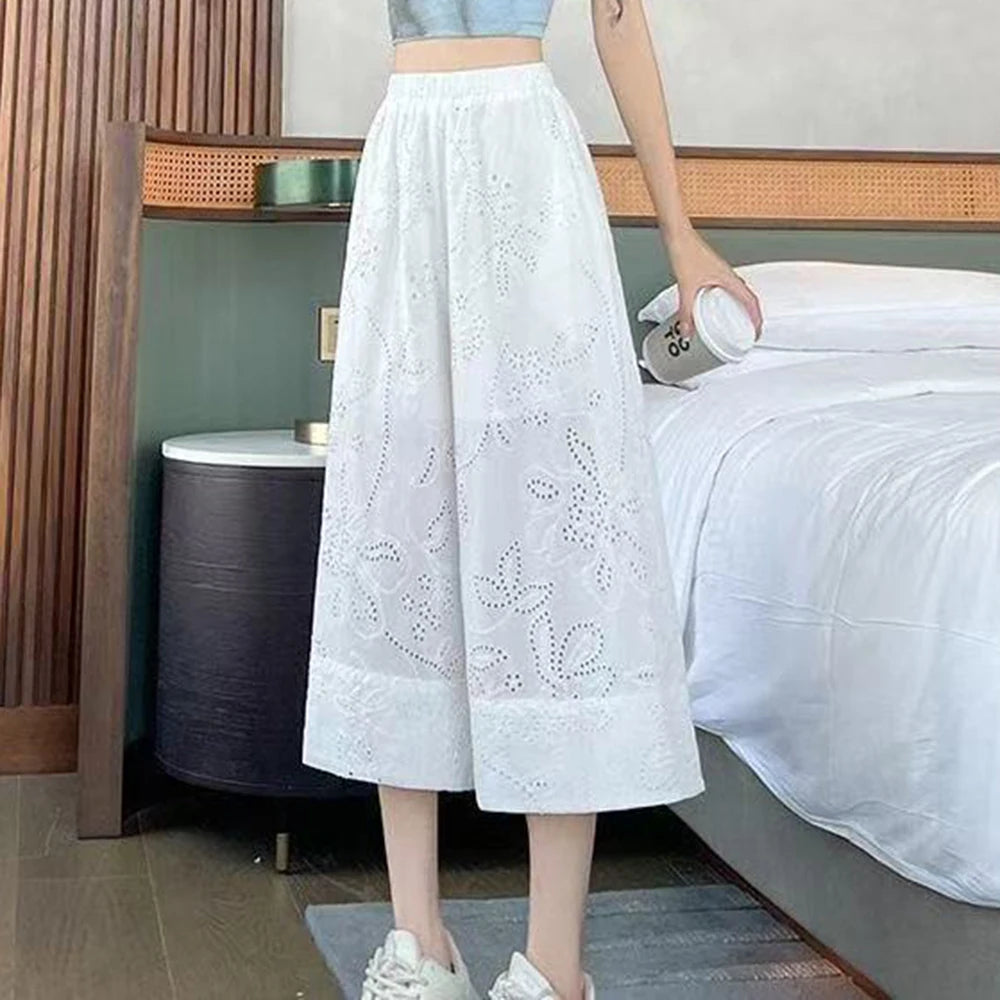 Hollow Out White Summer Wide Leg Cotton Pants for Women