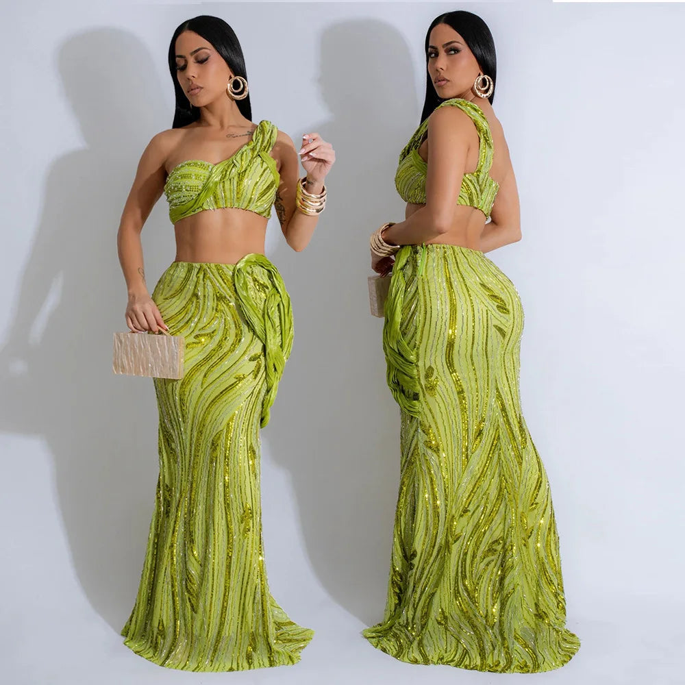 CM.YAYA Women’s Dress Set Mesh Sequined Ribbon Sleeveless Strap Top + Long Skirts Sets 2 Two Pcs Sets Sexy Party Evening Oufits