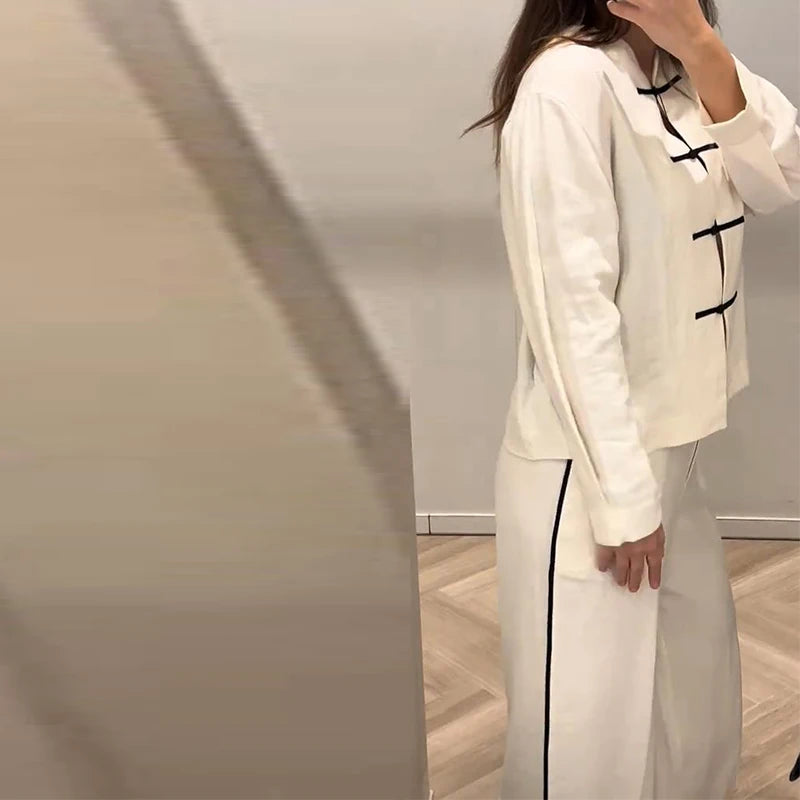 Casual Cotton Coat And Wide Leg Trouser Set for Women
