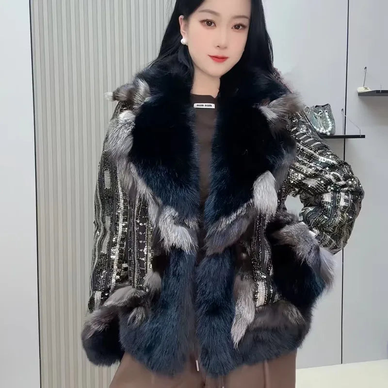 Faux Fur Coats for Women,Covered ButtonJacket,Thicken Warm Female Clothes,Luxury,Fox Fur Collar,Spliced,Sequins,New, Winter