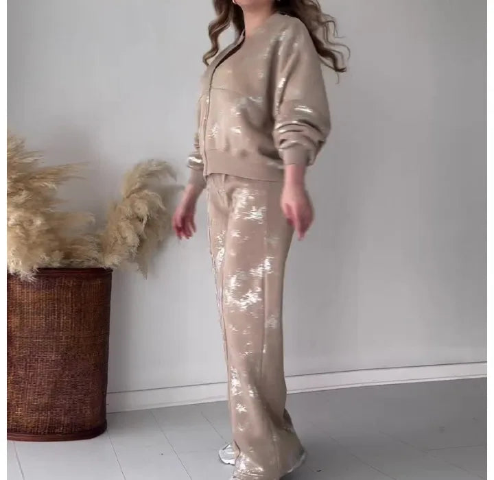 Two Piece Set Woman 2024 Summer New Streetwear Fashion Sequin Printed Zipper Casual Long Sleeves Hoodie and Pants Suit Female