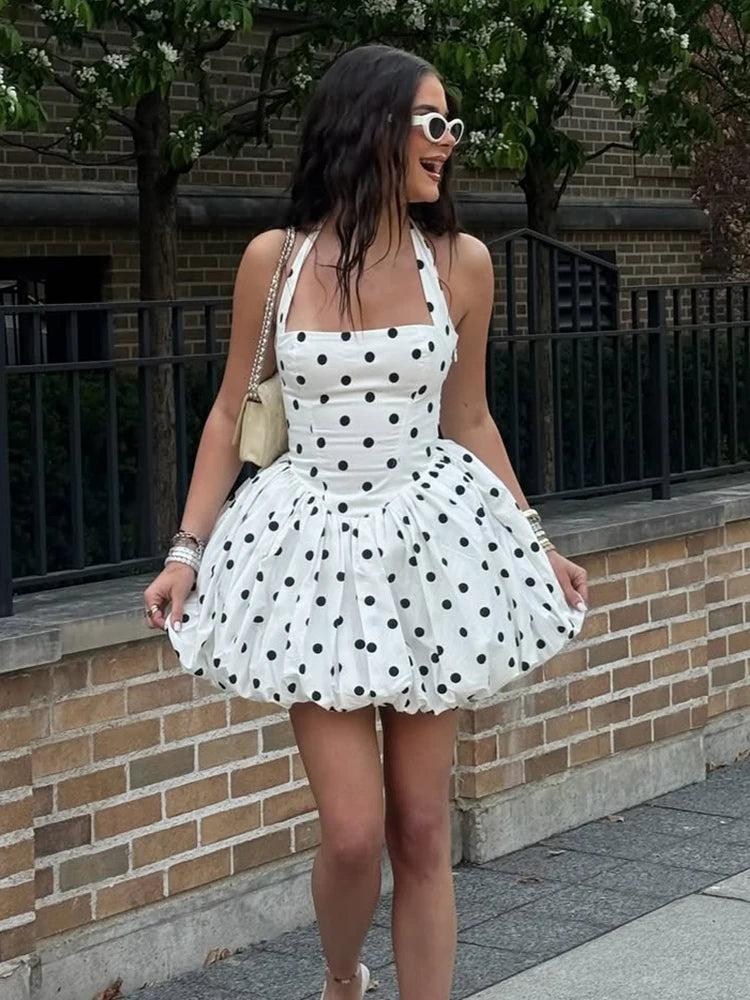 TARUXY Polka Dot Vacation Mini Dress For Women  High Waist A-line Ball Gown Dress Sleeveless Halter Neck Female Summer Fashion