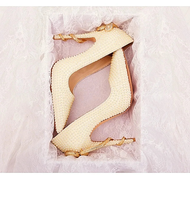 Golden Pearl Embellished Bridal High Heel Pumps For Women