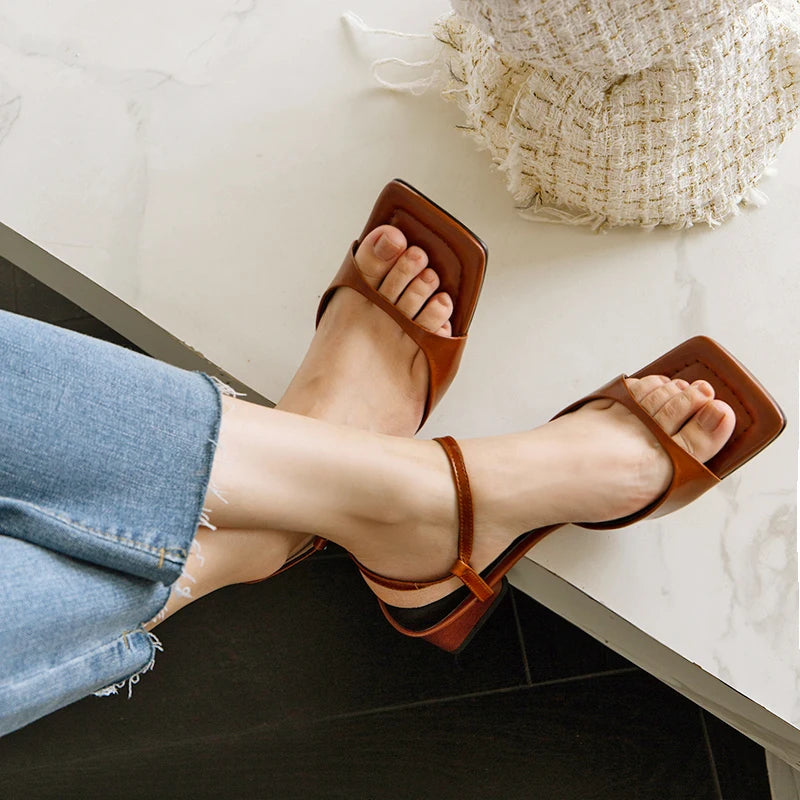 Summer Narrow Band Elegant Square Heel Sandals for Women