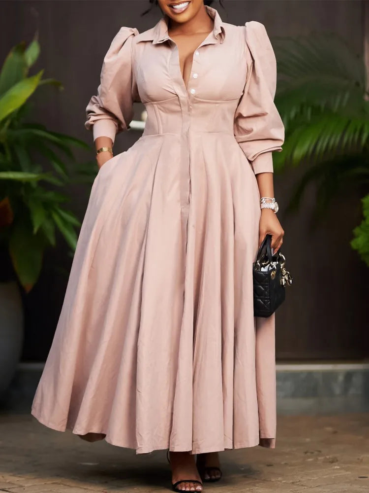 Plus Size V-Neck Long Sleeve Ankle-Length Dress for Women