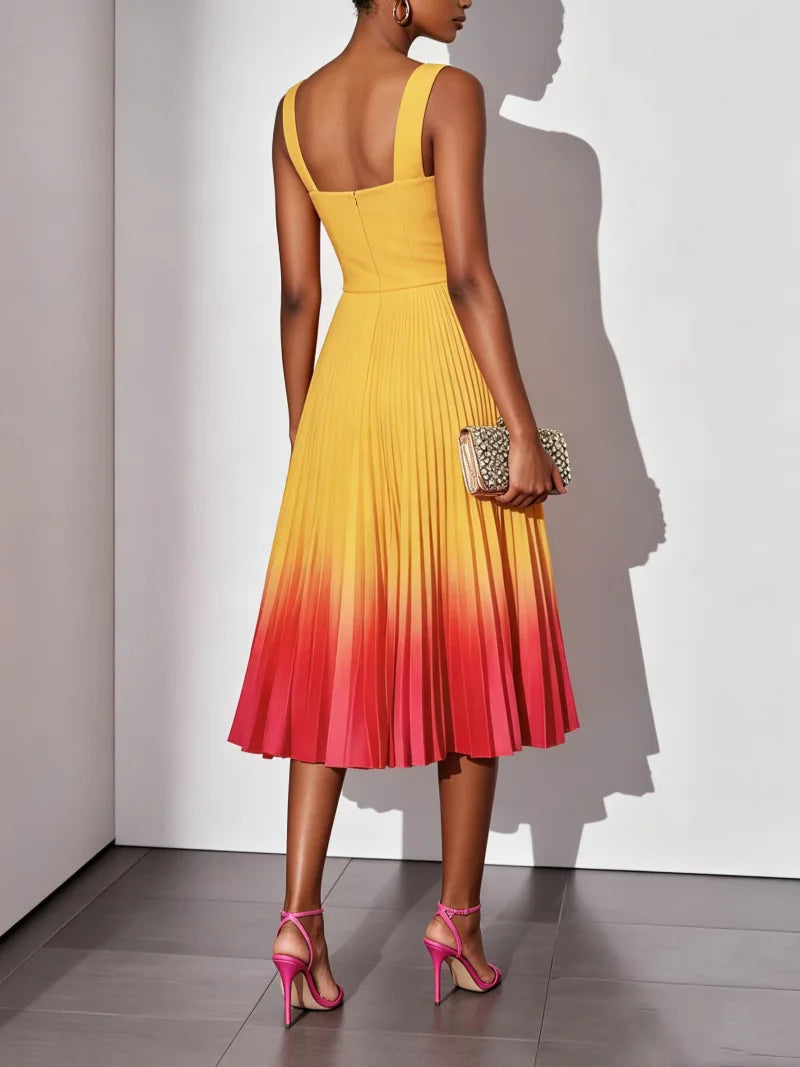 Sleeveless Gradient Print A Line Pleated Midi Dress for Women