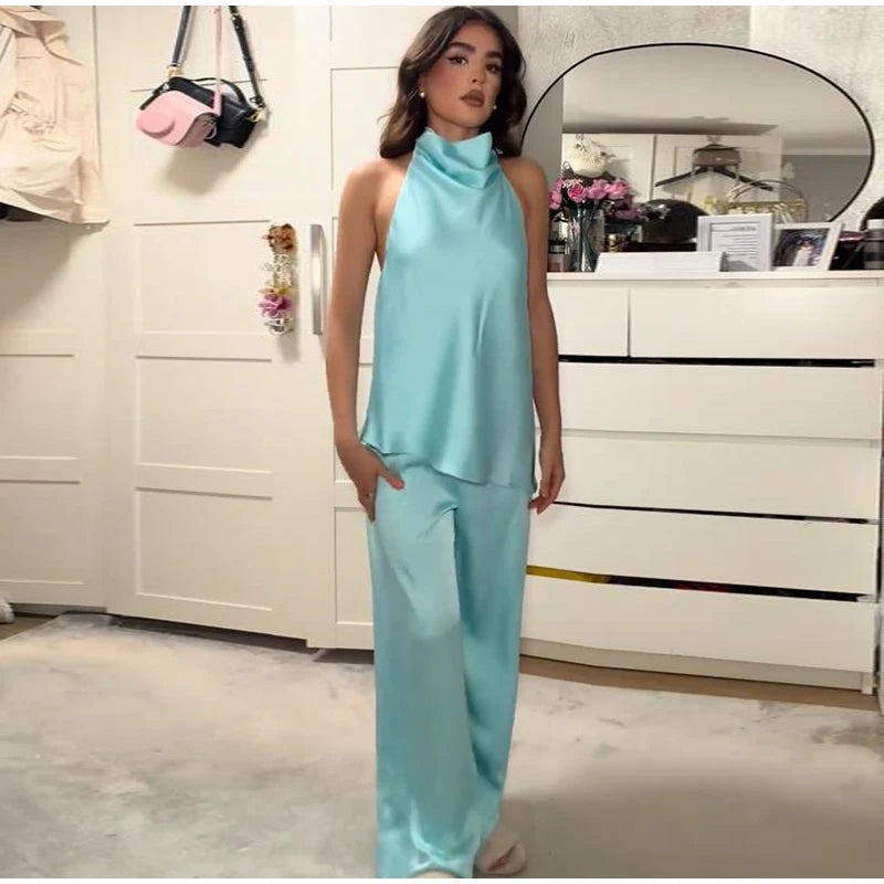 Turquoise Satin Cowl Neck Halter Top And Wide Leg Pants 2 Piece Set For Women