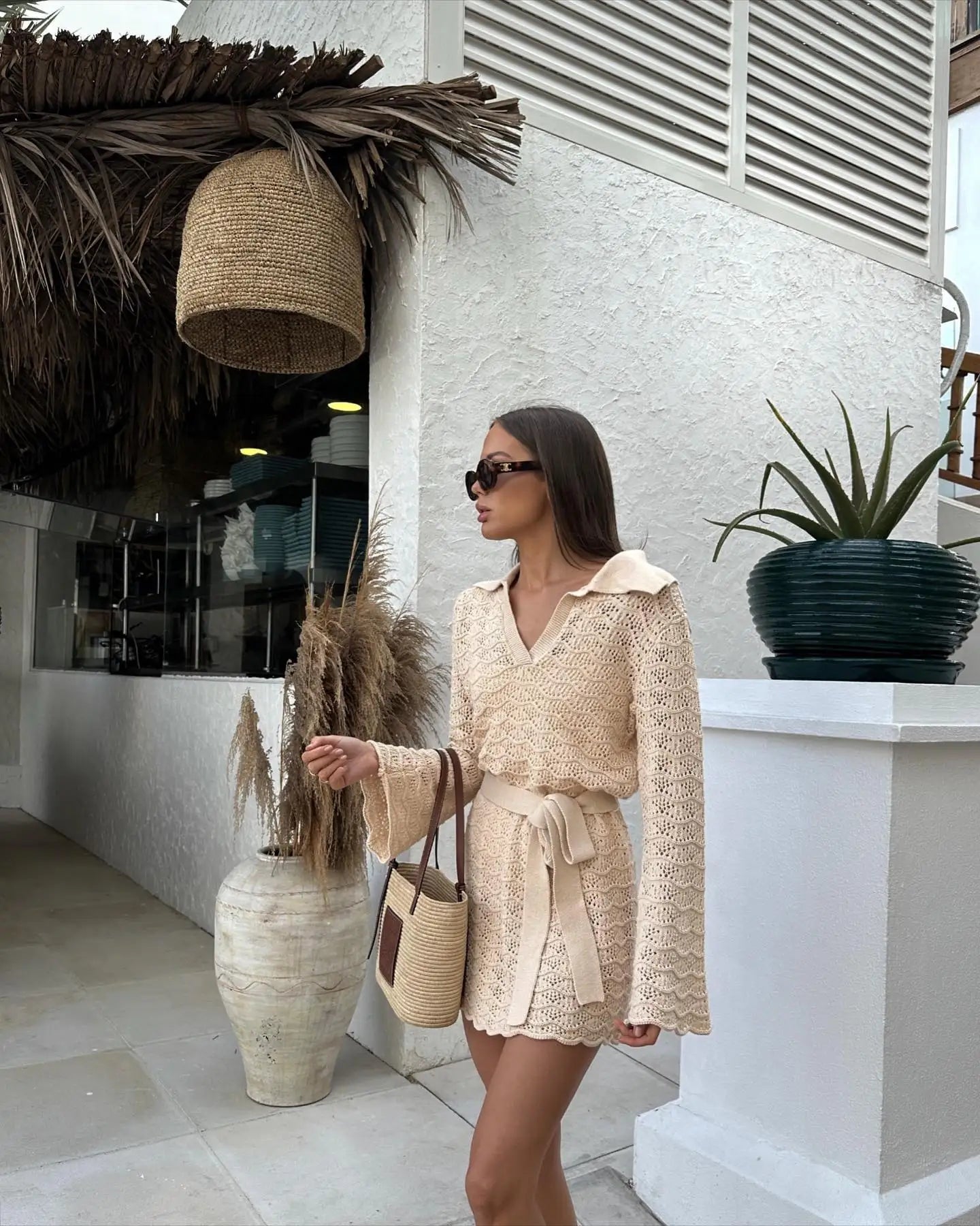 Sexy Shirt V-neck Bell Sleeve Hollow Out Knitted Belted Beach Mini Dress 2025 Summer Swimsuit Cover Up Women's Casual Outfit K16