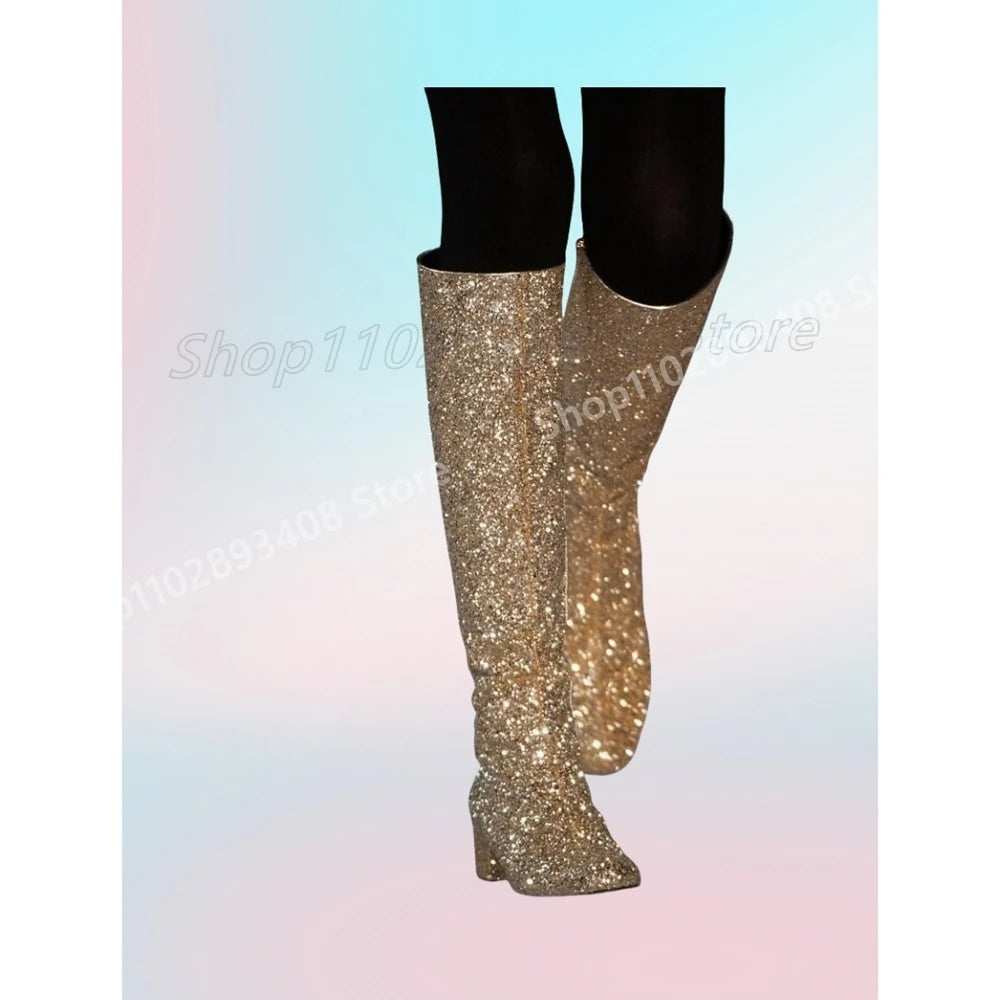 Glitter Sliver Party Dance Knee High Boots Runway Side Zipper Chunky High Heel Fashion Sexy Women Shoes 2025 Hot Para Mujere