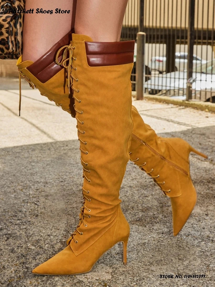 Cross Tied Pointed Toe Knee High Boots With Side Zipper For Women