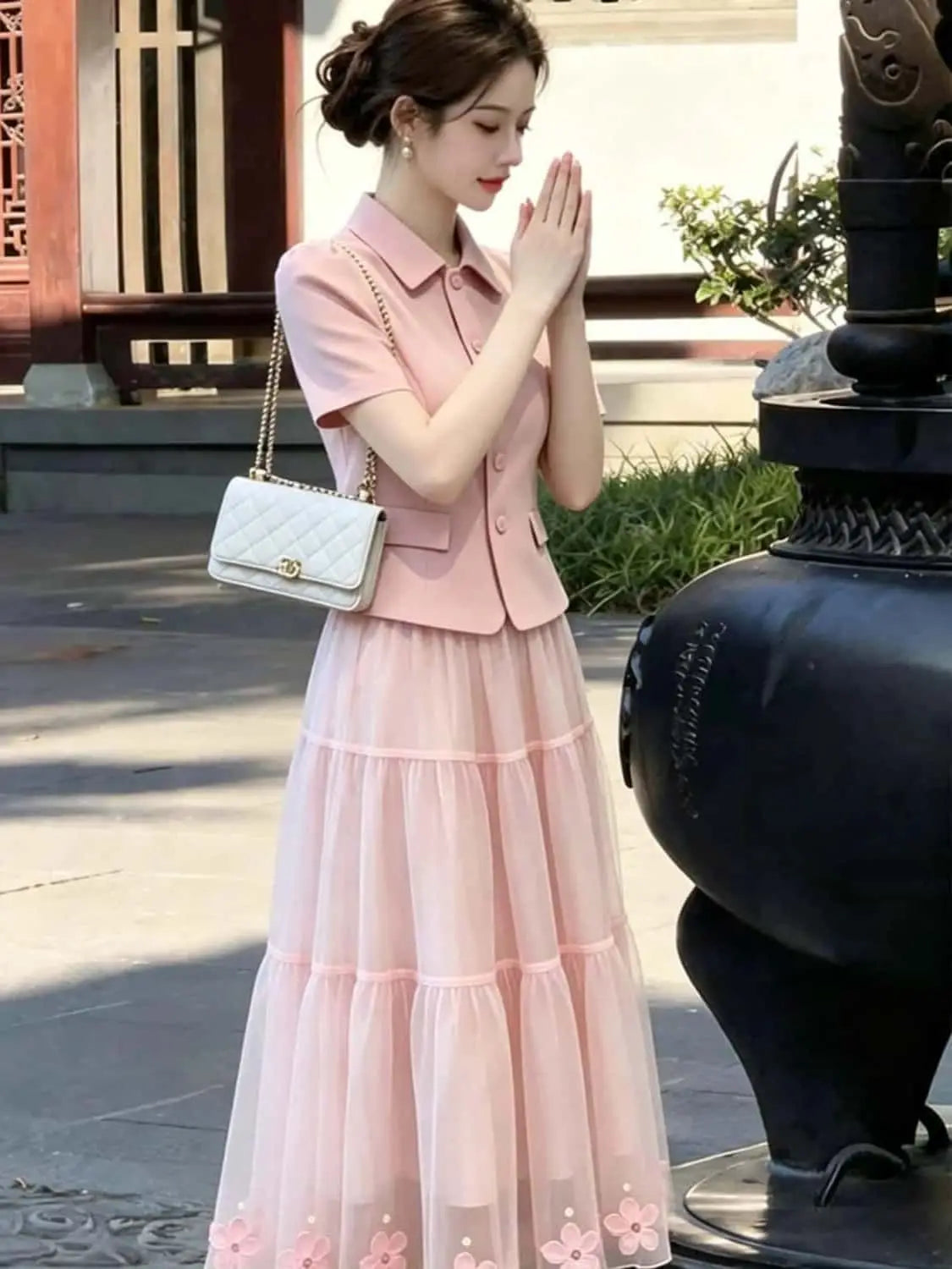 Elegant Pink Two Piece Blazer and Skirt Set for Women