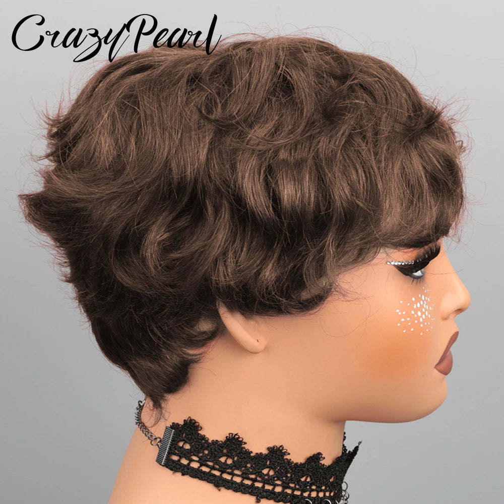 Dark Brown Short Pixie Lace Front Human Hair Wig for Women