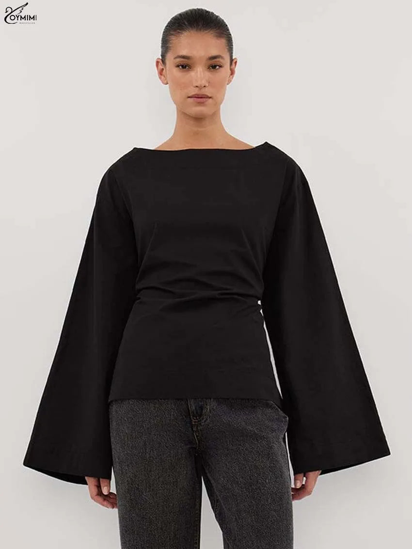 Oymimi Fashion Black Cotton Women's Blouse Elegant O-Neck Long Sleeve Loose Blouses Casual New Solid Lace-Up Blouses Streetwear