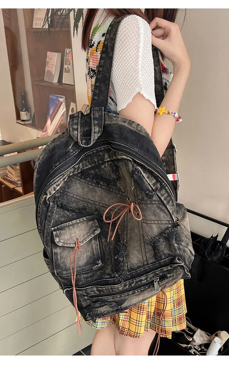 Washed Denim Backpack With Large Capacity for Women