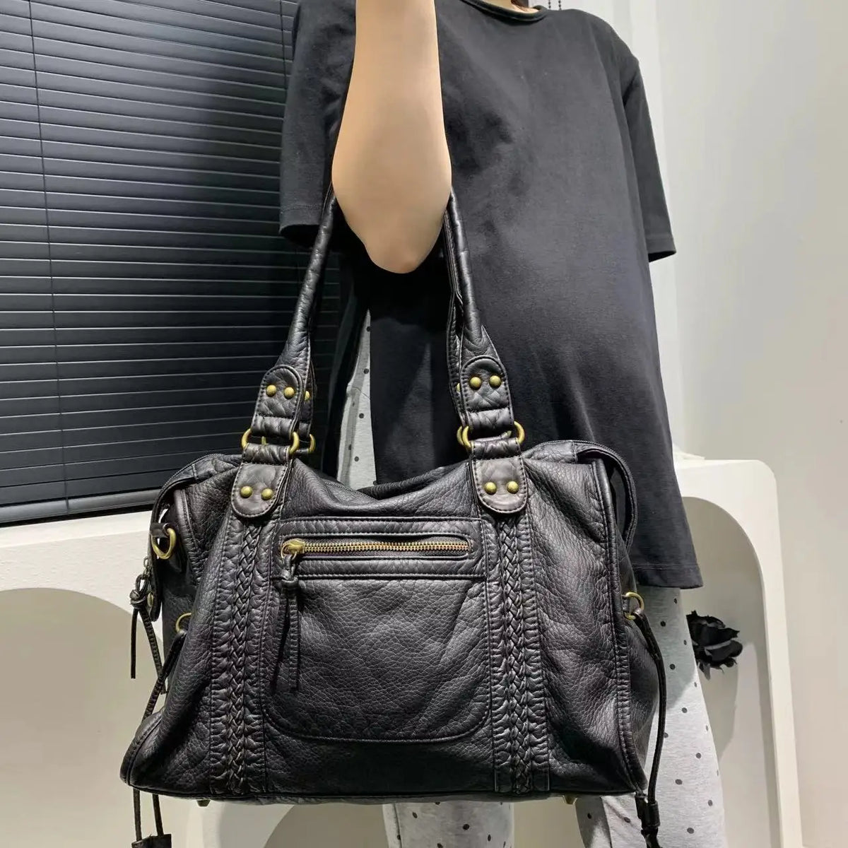 Vintage Washed PU Leather Shoulder Bag