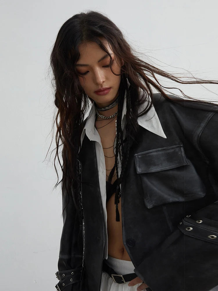 Loose Fit Black Faux Leather Jacket With Pockets for Women