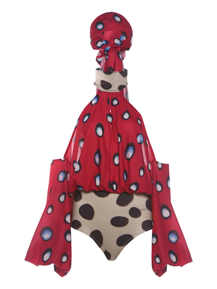 Polka Dot Halter Backless Playsuit With Headscarf for Women