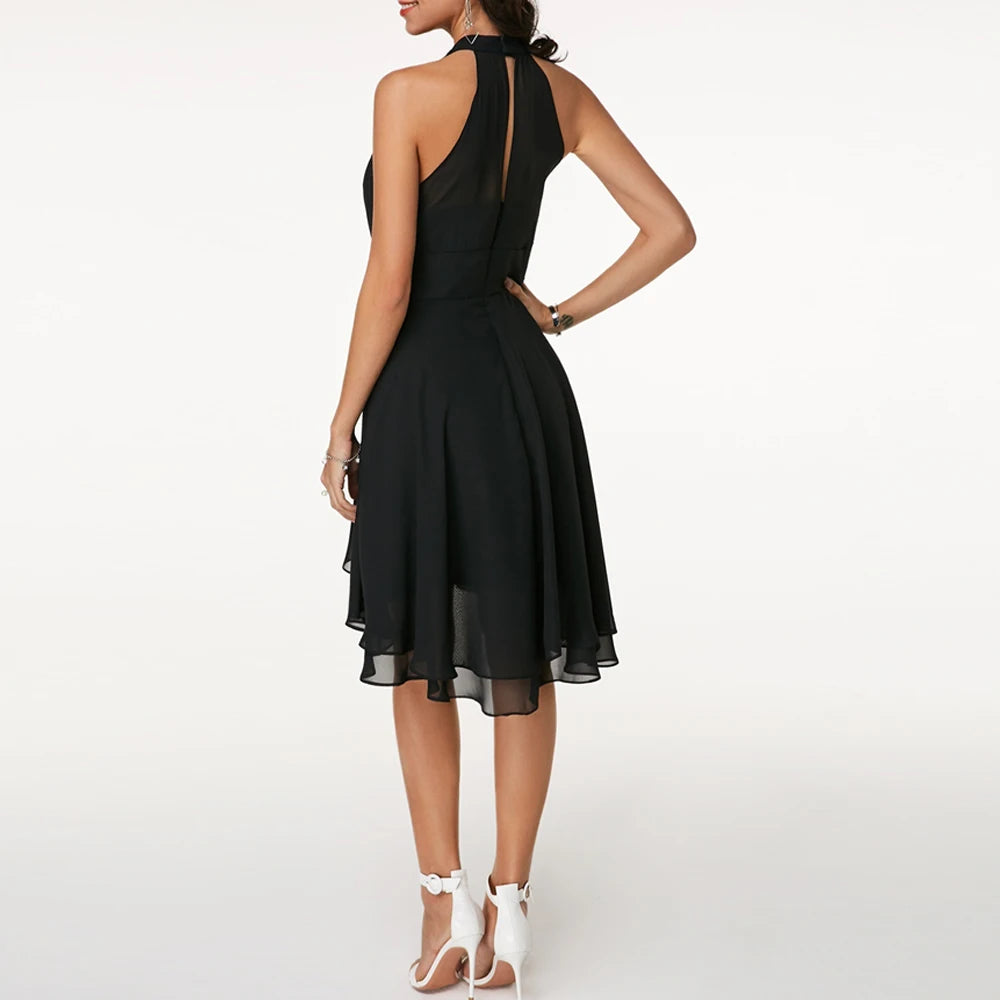 Elegant Sleeveless Halter Neck Chiffon Midi Dress for Women