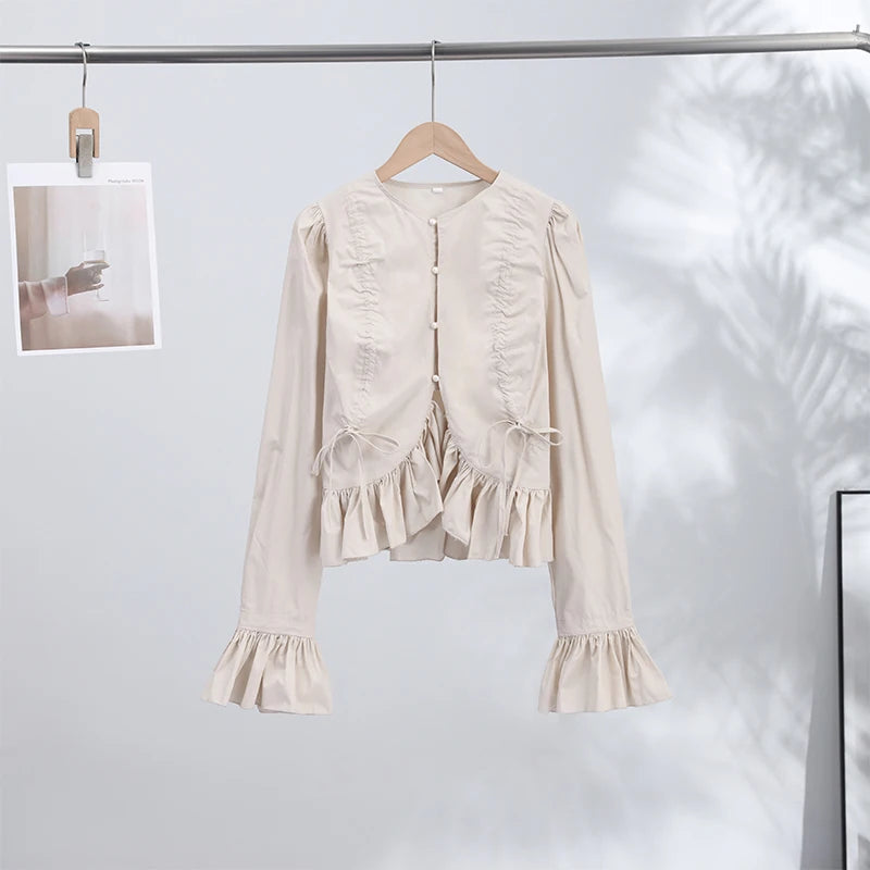 Chic Solid Ruffle Pleated Puff Sleeve Shirt for Women