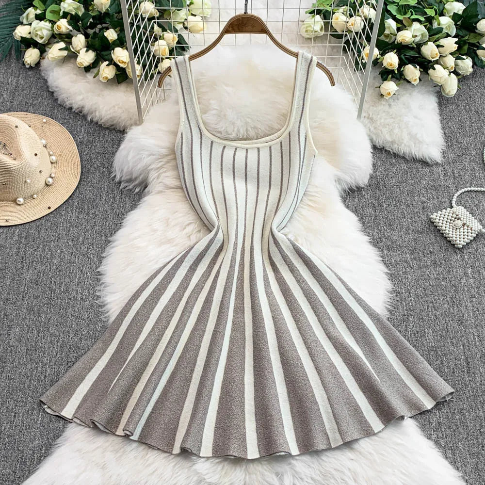FAGADOER Summer Fashion Knit Bodycon Mini Dresses Women Square Collar Sleeveless Backless High Waist Dress Female Office Vestido
