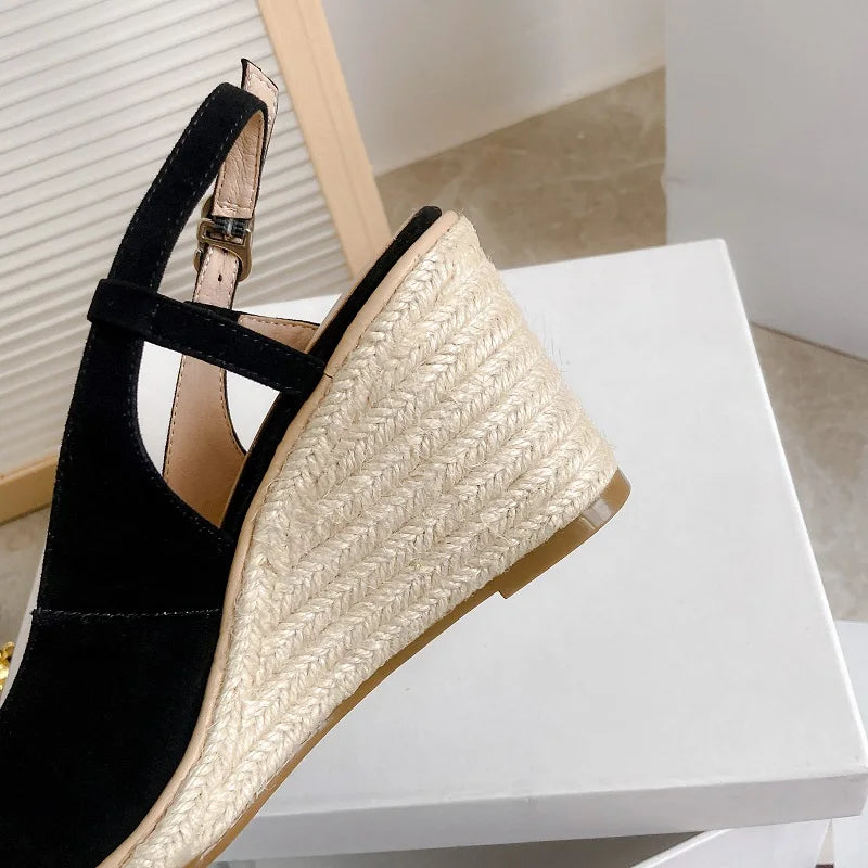 Apricot Back Strap Suede Wedge Platform Sandals for Women
