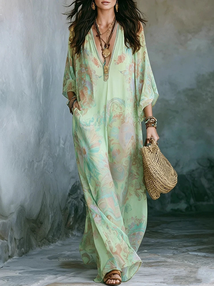 Vintage Print Deep V-Neck A-Line Ankle-Length Dress for Women